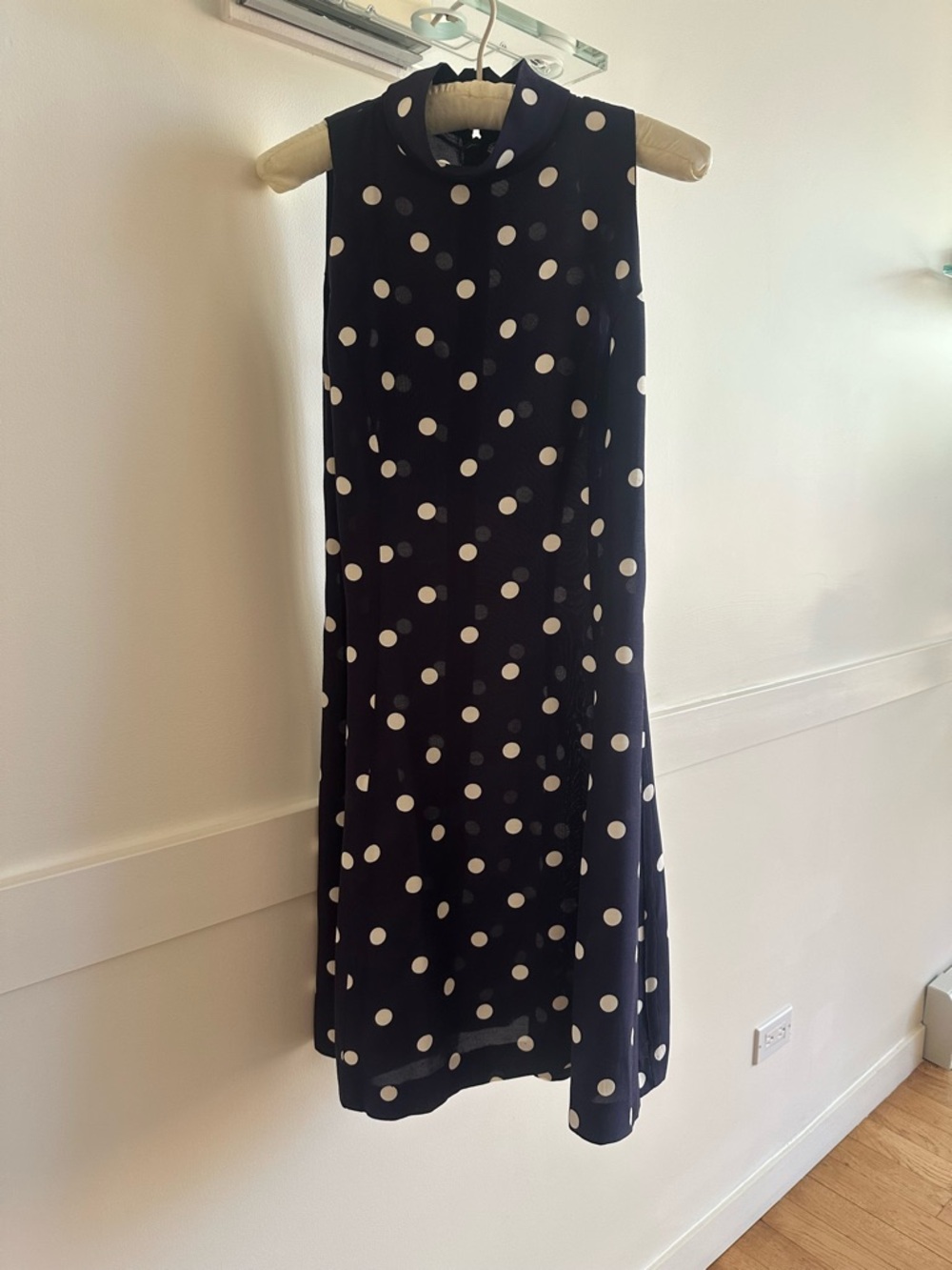 Women’s Navy Polka Dot Sleeveless Dress with Button Back